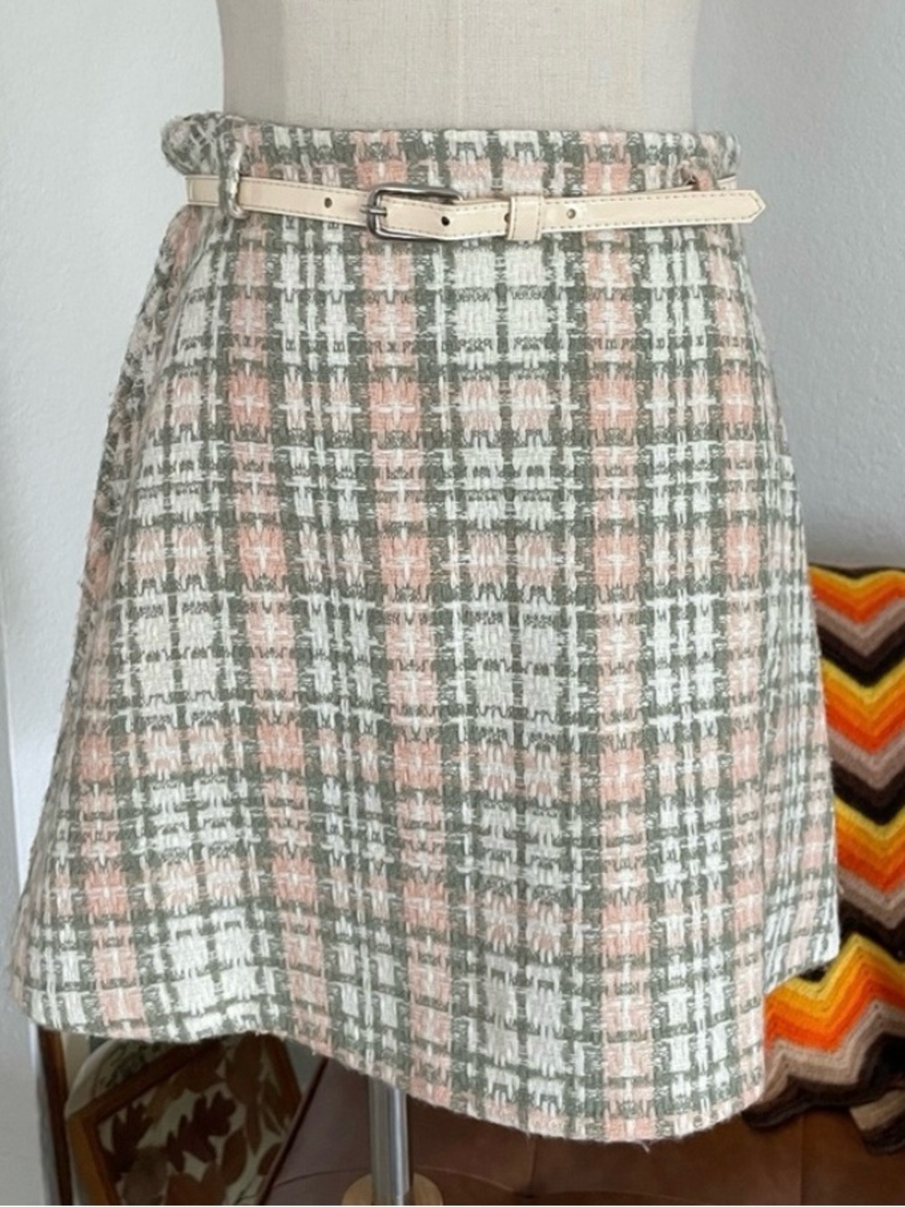 Vintage 1990s Rampage Preppy Tweed Plaid Belted Mini Skirt